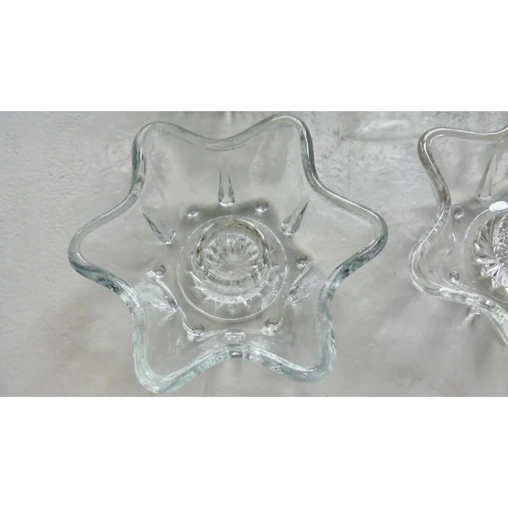 Set of 4 Candle holders Star-Shaped Clear Glass 6-points Taper Vintage